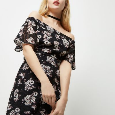 Black floral print bardot layer midi dress